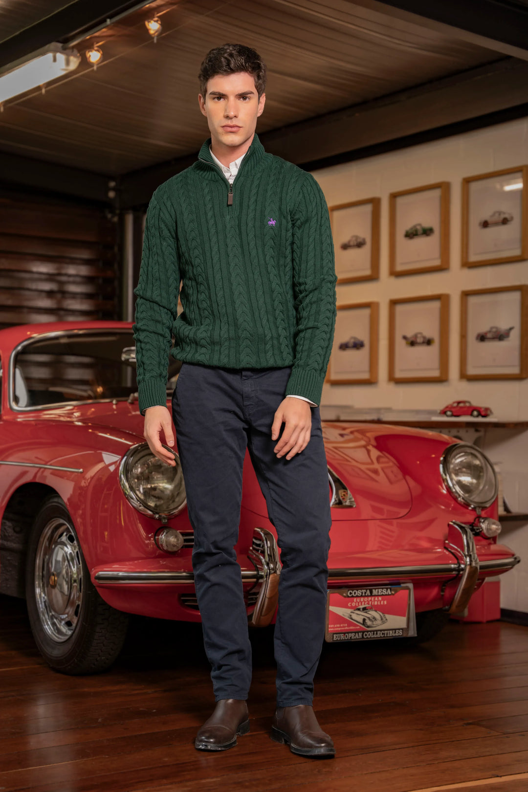 Suéter Halfzip Trenzado Rib Hombre Verde Pino