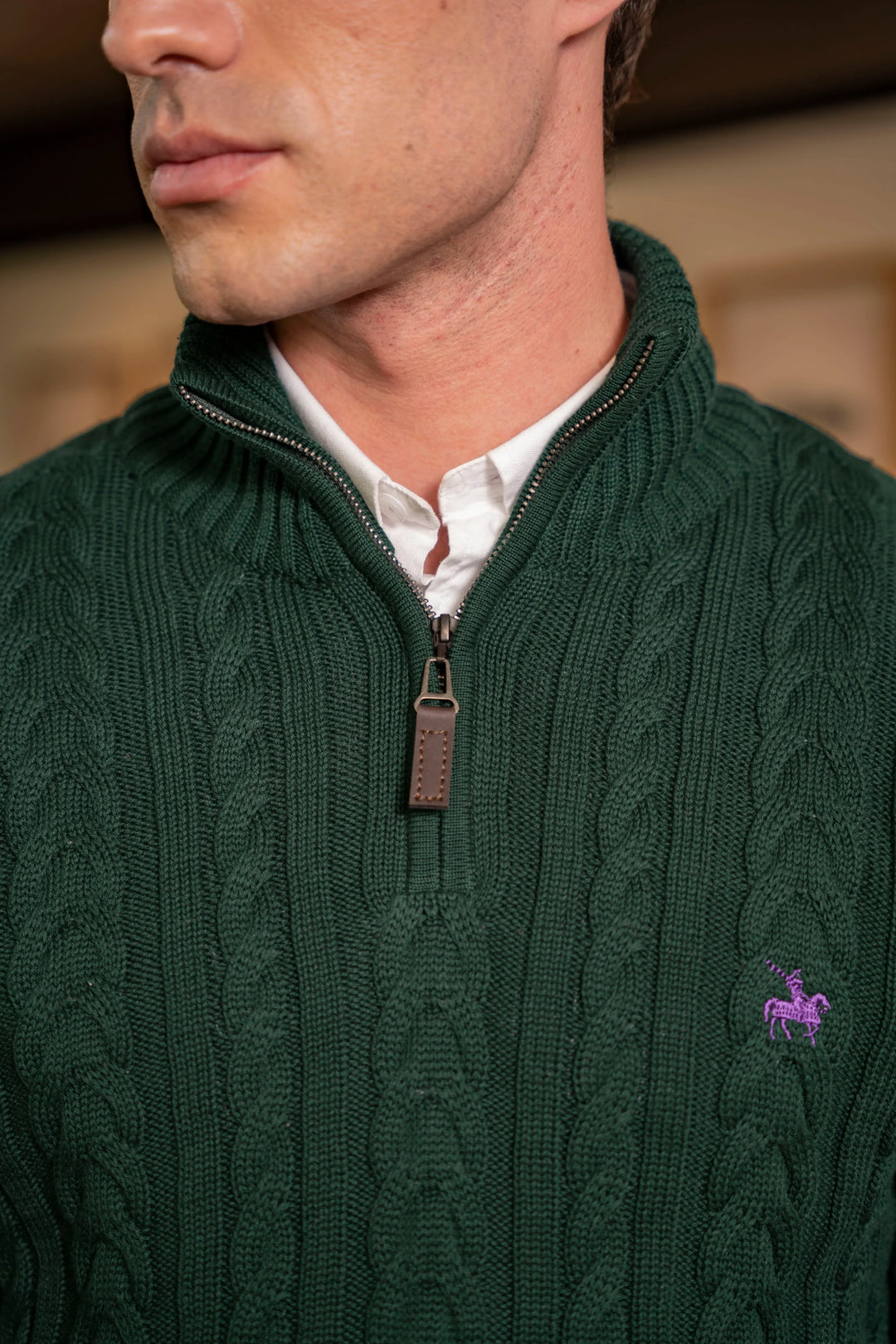 Suéter Halfzip Trenzado Rib Hombre Verde Pino