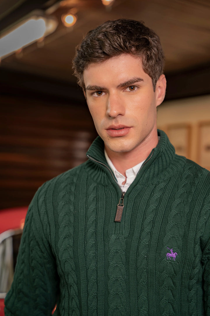 Suéter Halfzip Trenzado Rib Hombre Verde Pino