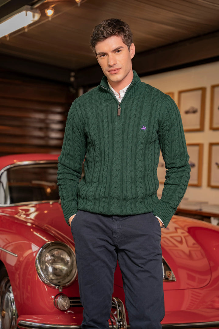Suéter Halfzip Trenzado Rib Hombre Verde Pino