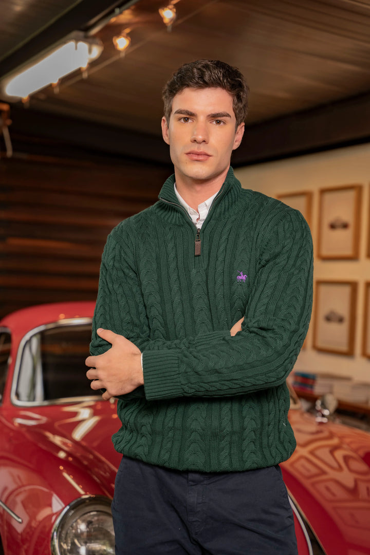 Suéter Halfzip Trenzado Rib Hombre Verde Pino
