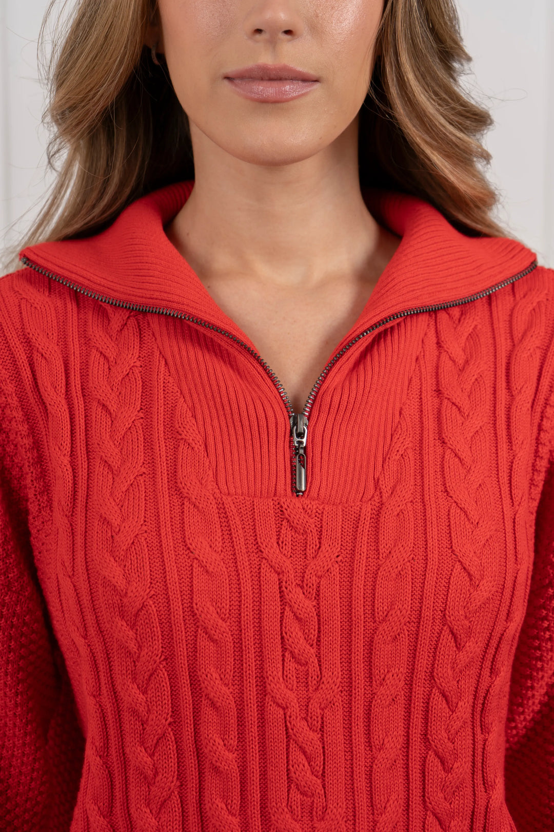 Suéter Halfzip Trenzado Algodón Mujer Rojo