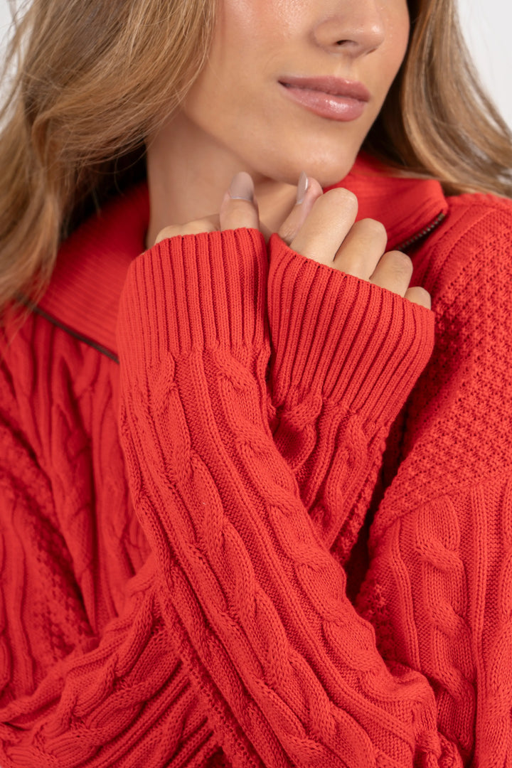 Suéter Halfzip Trenzado Algodón Mujer Rojo