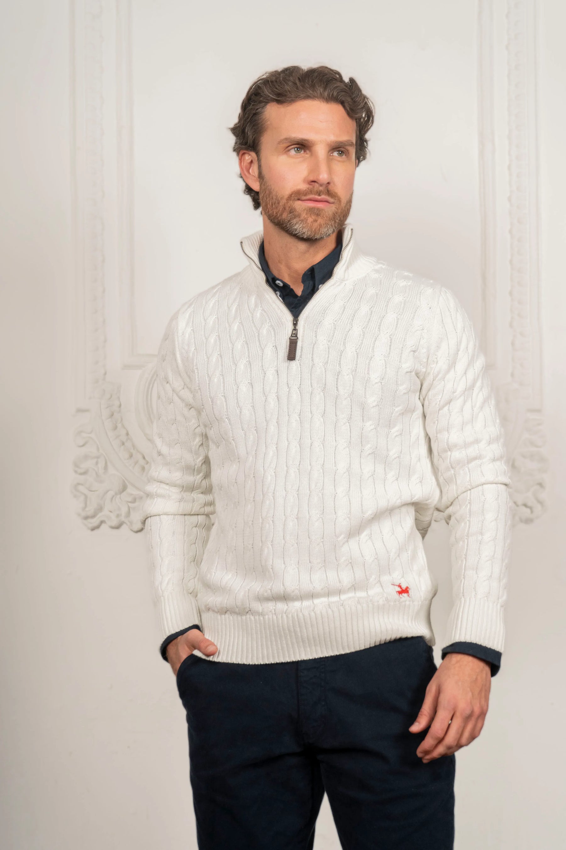 Suéter Halfzip Trenzado Hombre Hueso