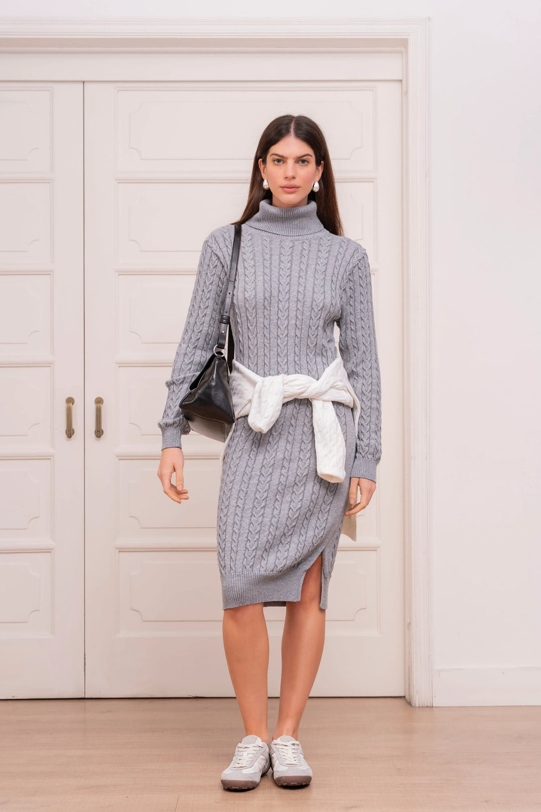 Vestido trenzado cuello tortuga Mujer Gris Claro