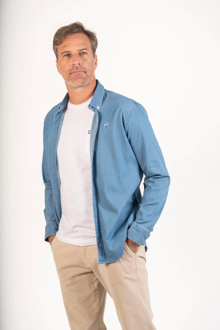 Camisa Premium Vintage Hombre Azul Medio