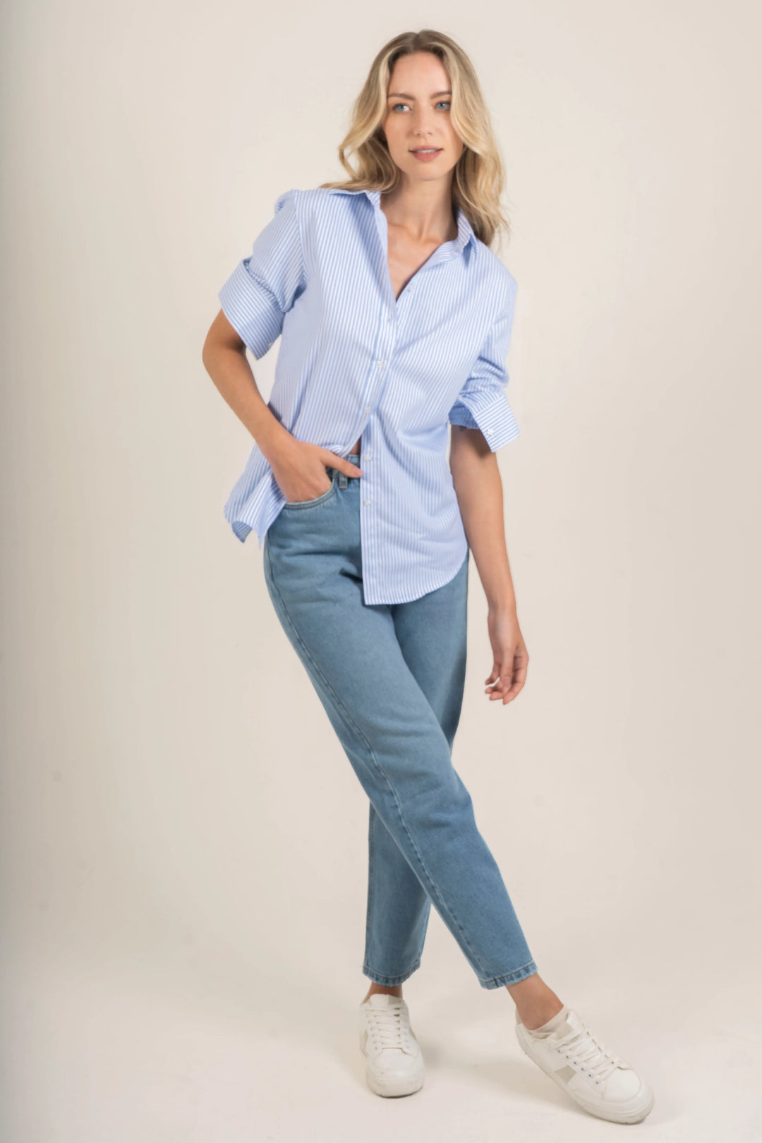 Blusas Mujer, Blusa Raya Topo Azul Medio