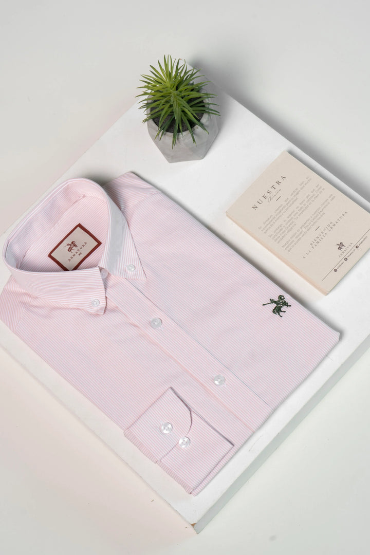 Camisa de hombre manga larga rayas rosadas. Ideal para ocasiones formales o informales.