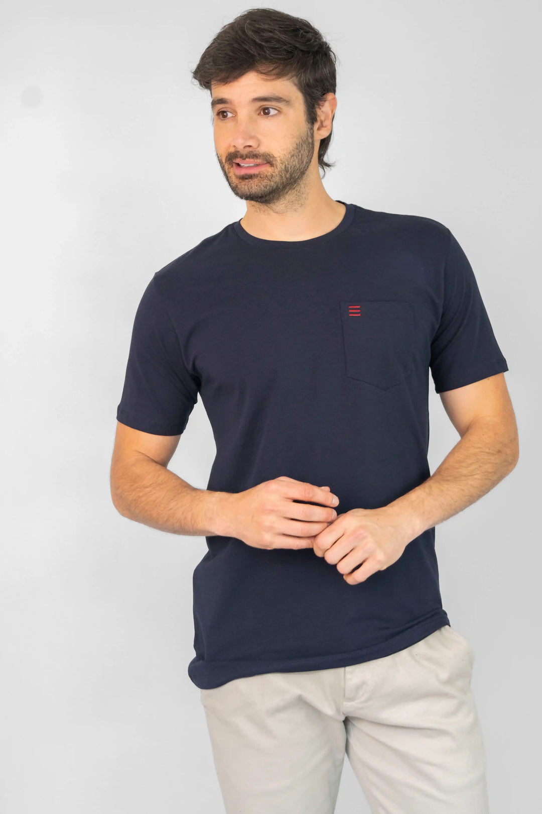 camiseta para hombre manga corta, color azul oscuro, bolsillo en el pecho