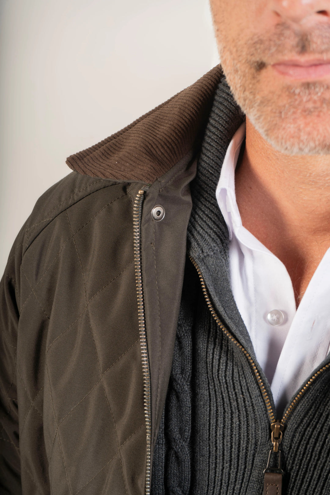 Detalle del cierre en cremallera y cuello café en pana. Combinada con un suéter Halfzip Armatura y una Camisa Blanca.