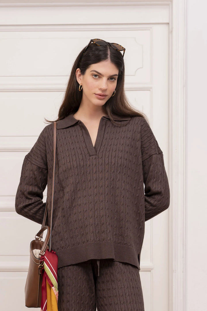 Suéter Trenzado en V Premium Mujer Café