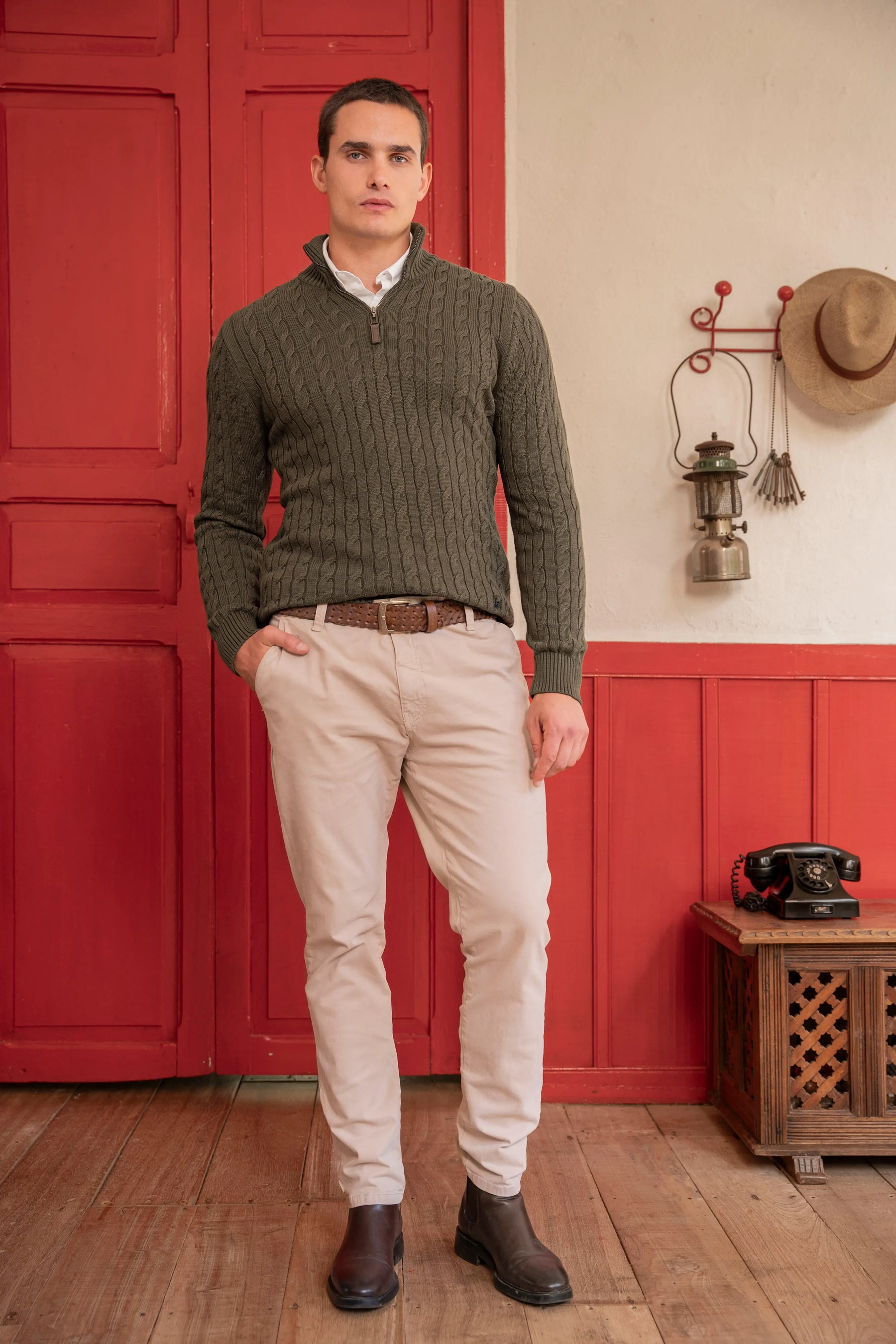 Suéter Halfzip Trenzado Hombre Verde