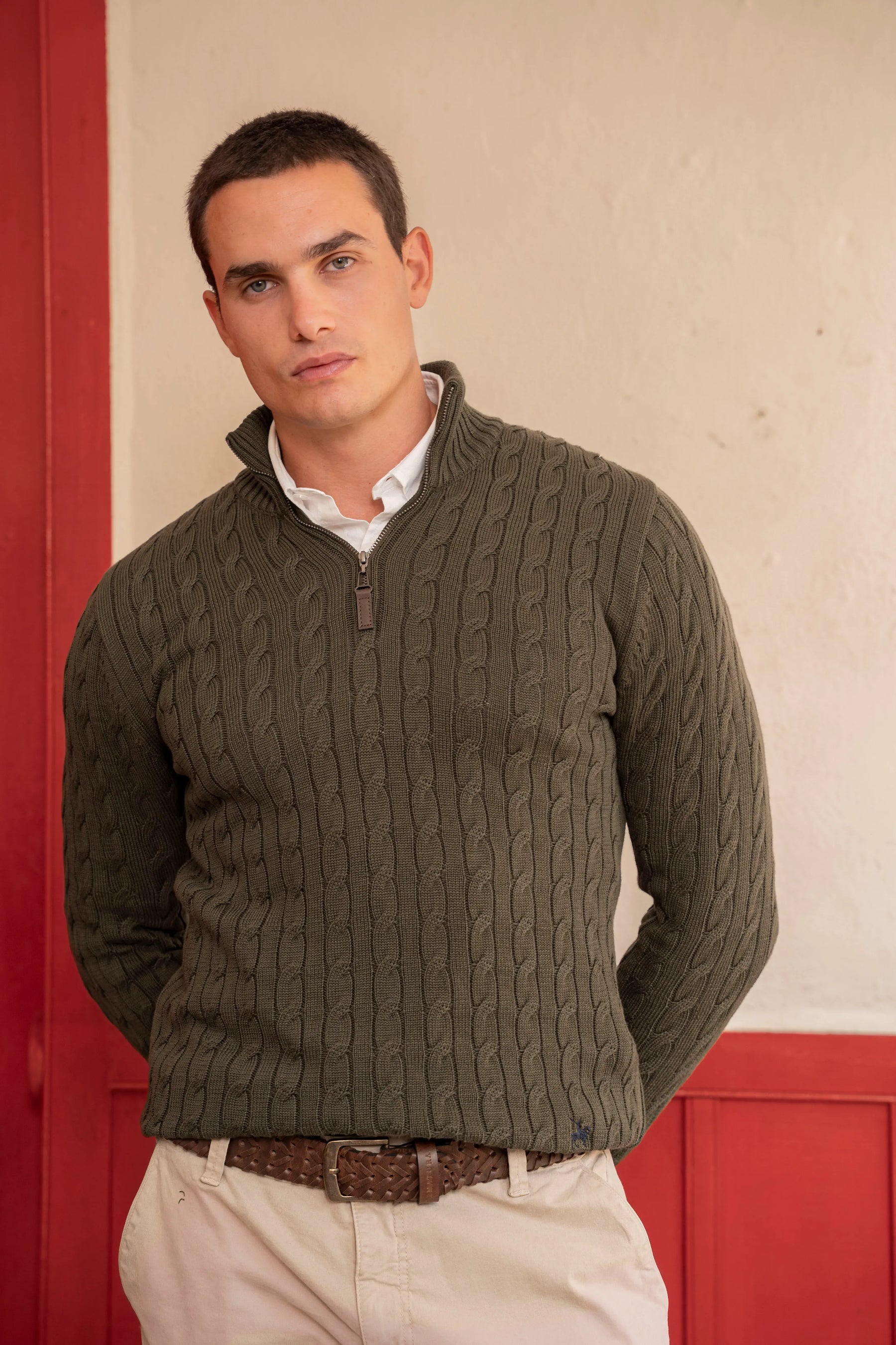 Suéter halfzip para hombre verde oscuro. 100% Algodón.
