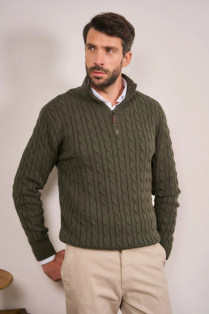 Suéter halfzip para hombre verde oscuro. 100% Algodón.