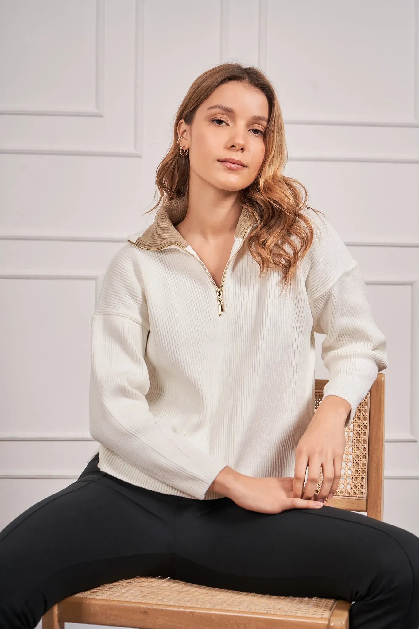 Suéter Halfzip Rib Mujer Hueso