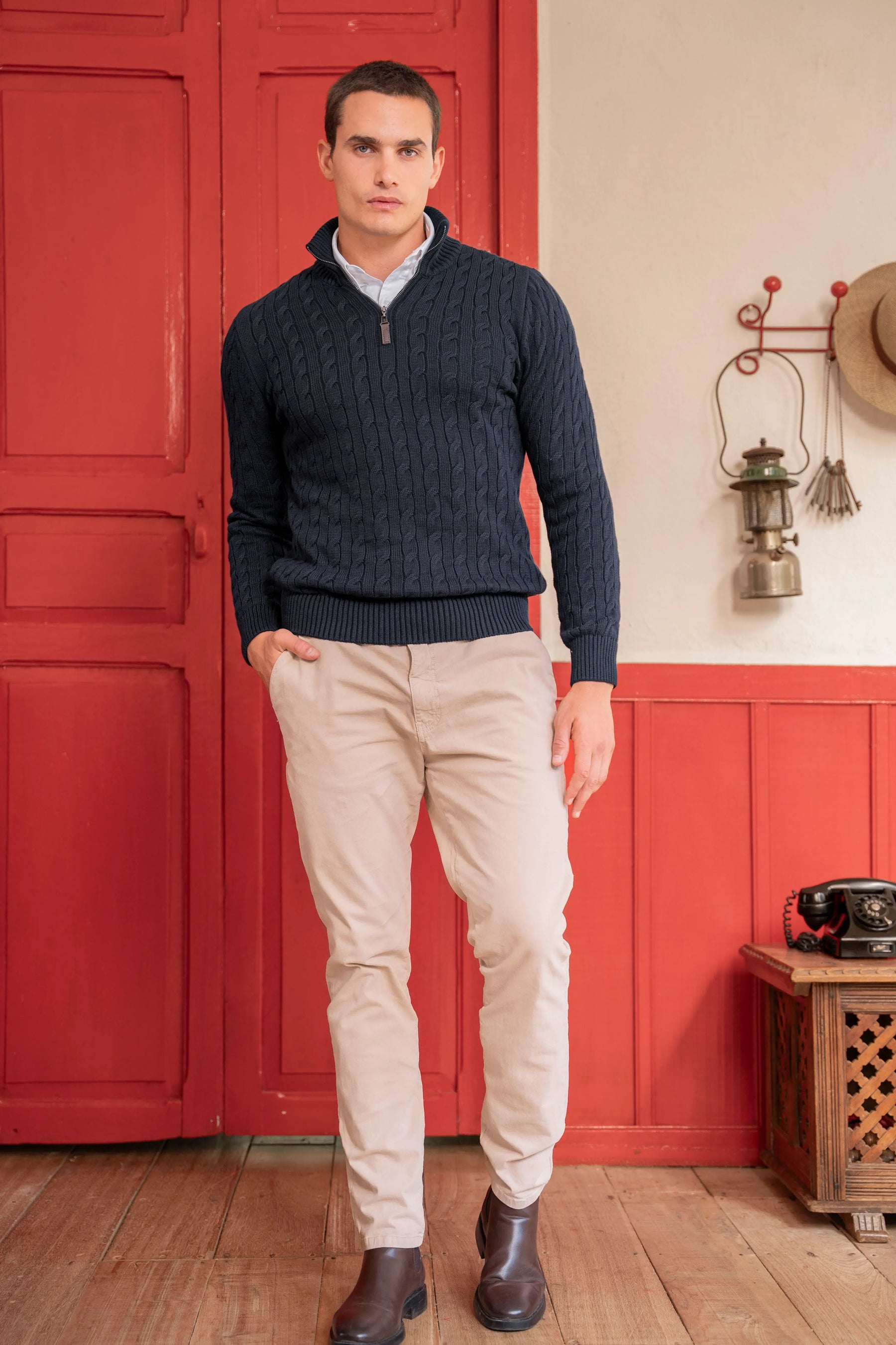 Suéter Halfzip Trenzado Hombre Azul Oscuro