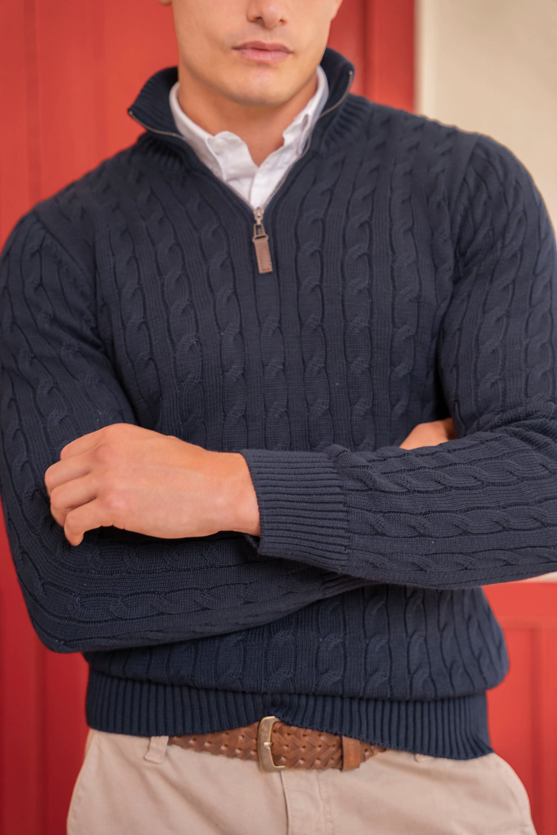 Suéter Halfzip Trenzado Hombre Azul Oscuro