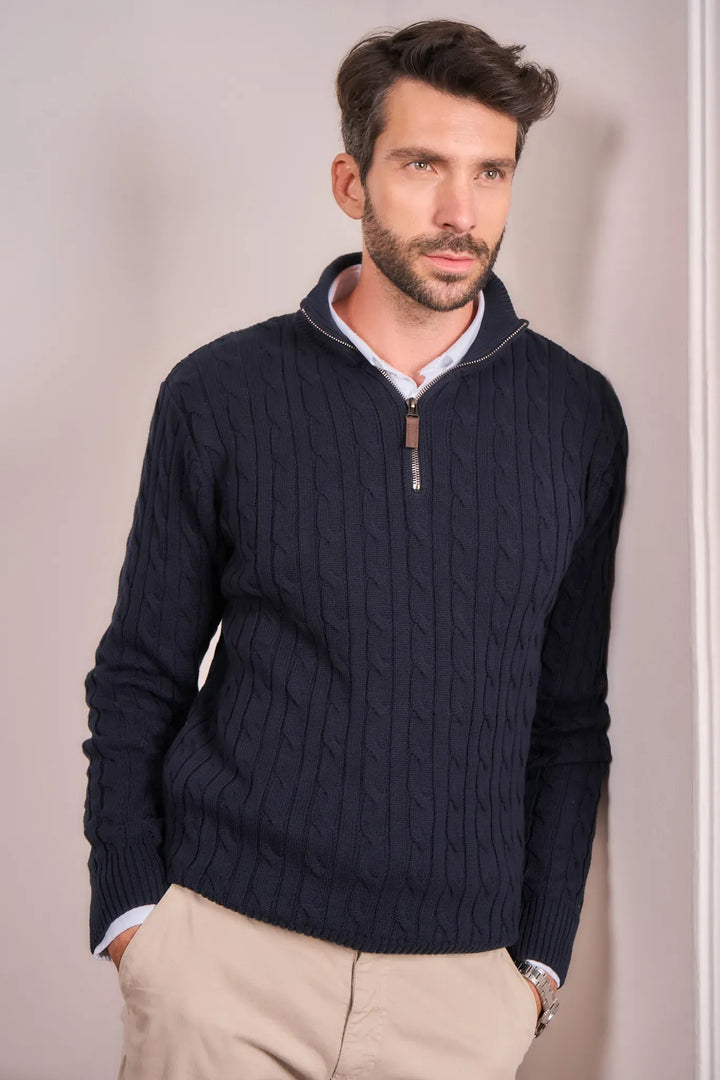 Suéter Halfzip Trenzado Hombre Azul Oscuro