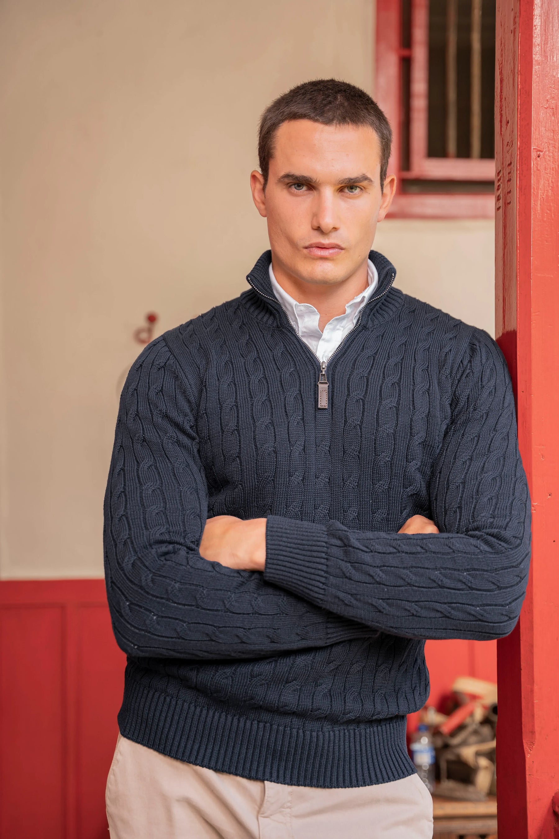 Suéter Halfzip Trenzado Hombre Azul Oscuro