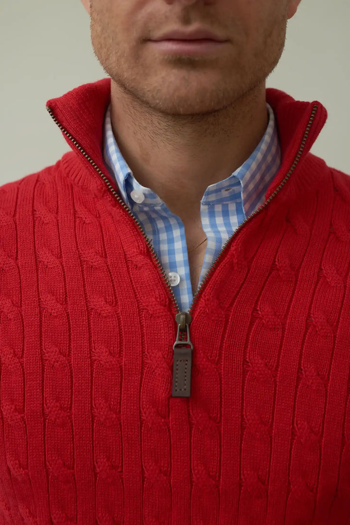 Suéter para hombre Halfzip Trenzado rojo Armatura. 100% algodón.