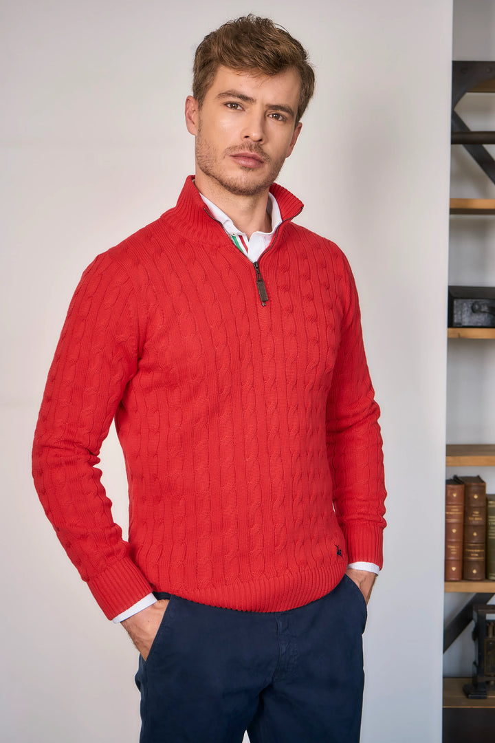 Suéter Halfzip Trenzado Hombre Rojo