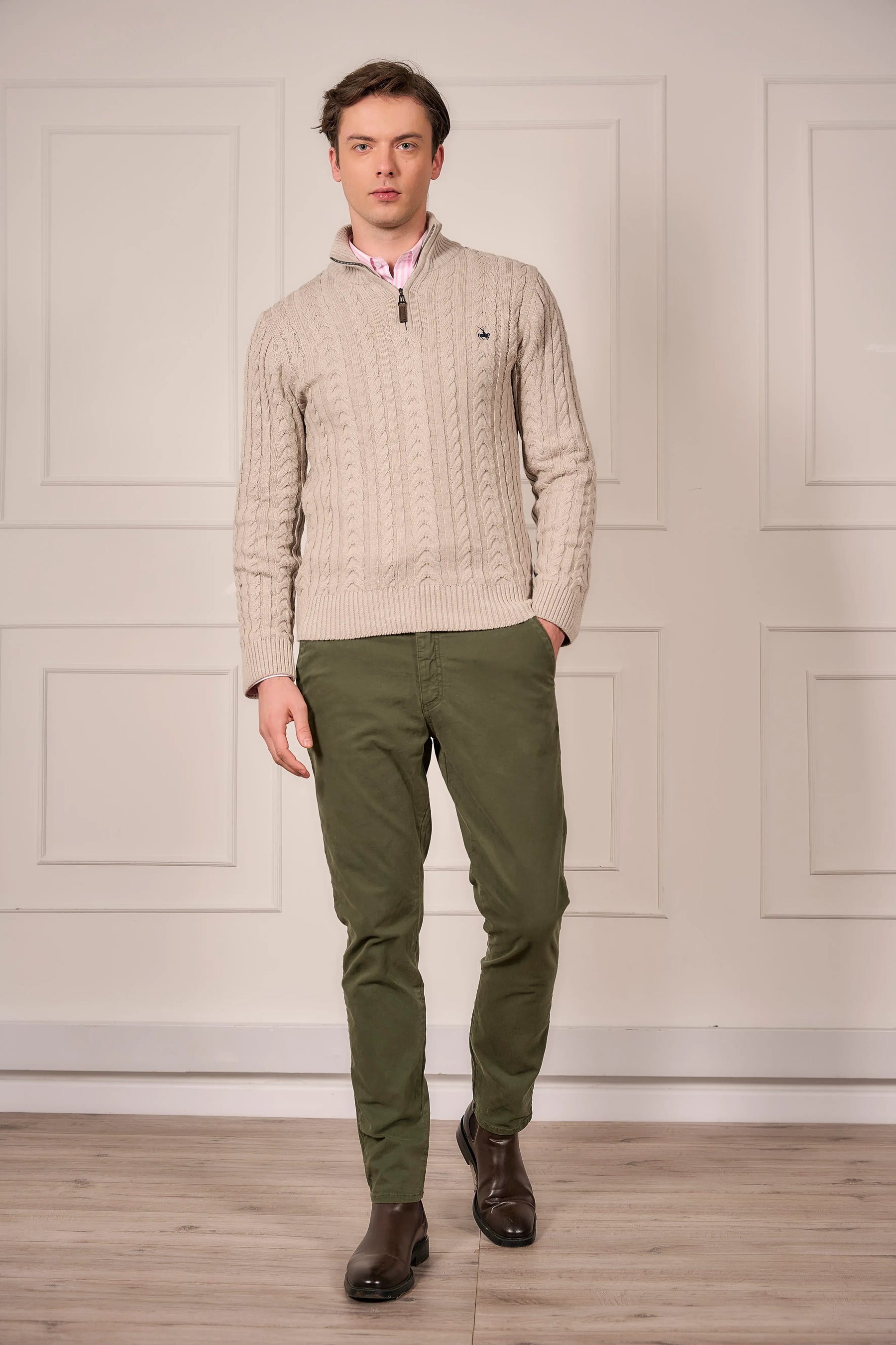 Suéter Halfzip Trenzado Rib Hombre Arena
