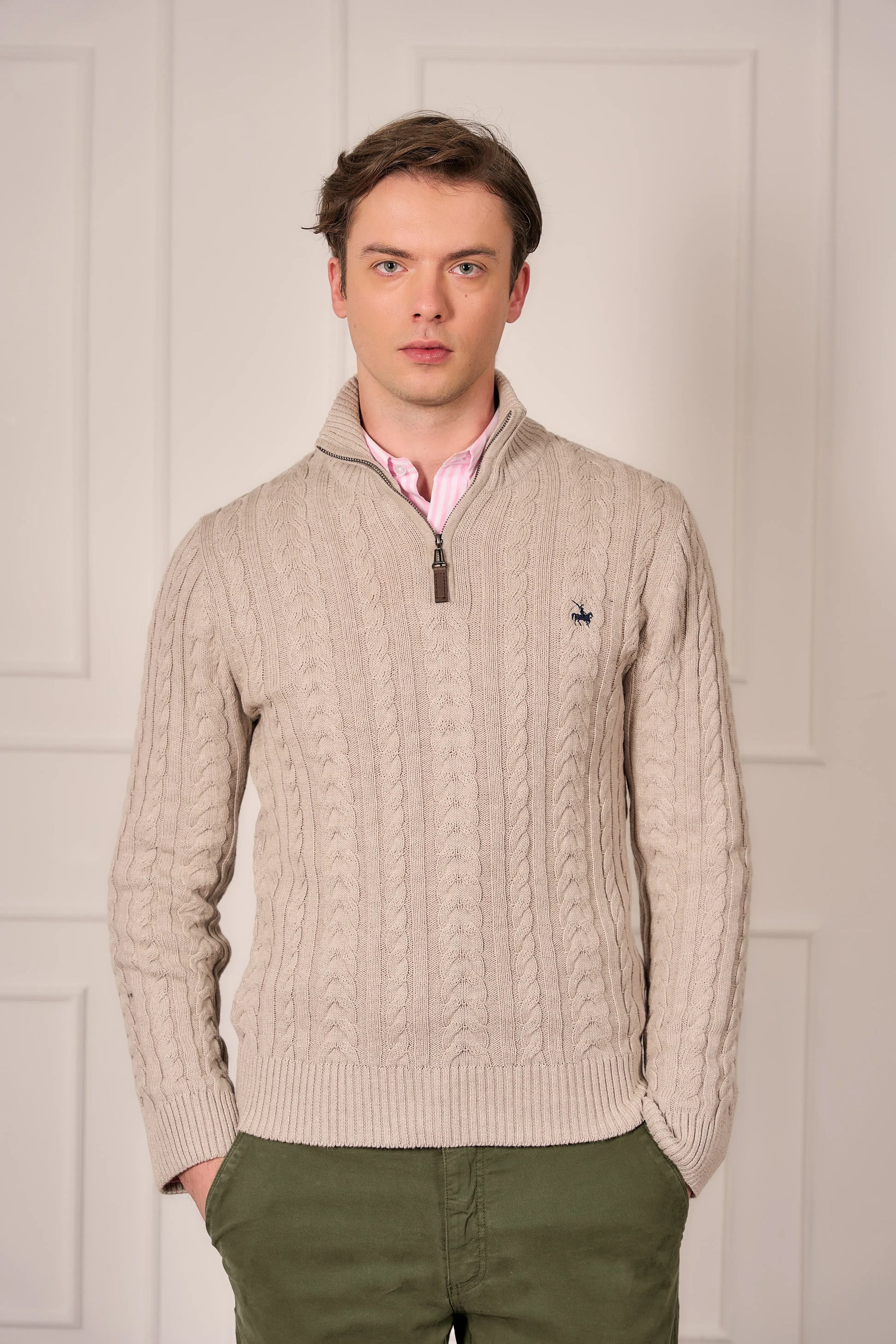 Suéter Halfzip Trenzado Rib Hombre Arena