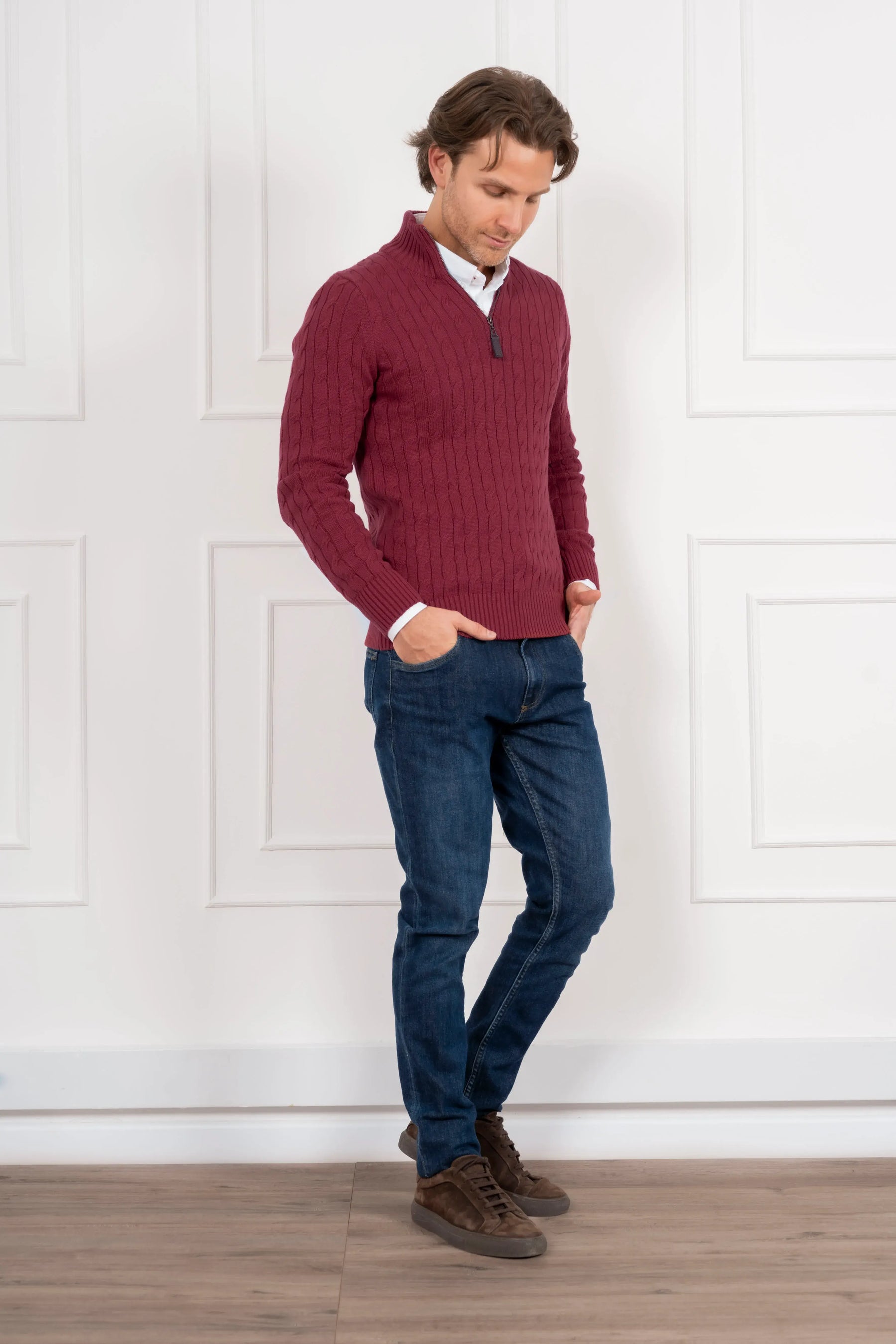 Suéter Halfzip trenzado Hombre Vinotinto