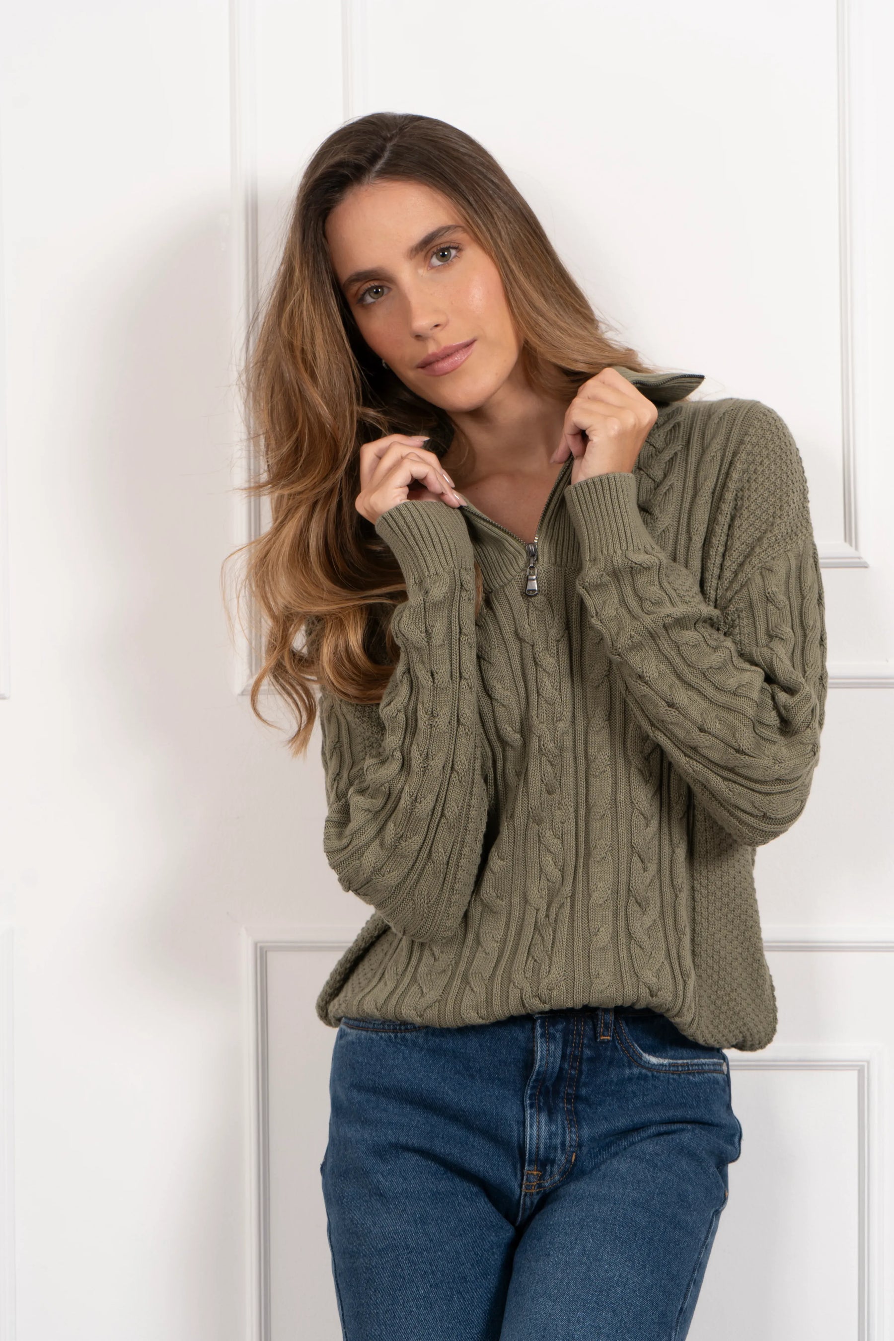 Suéter Halfzip Trenzado Algodón Mujer Verde