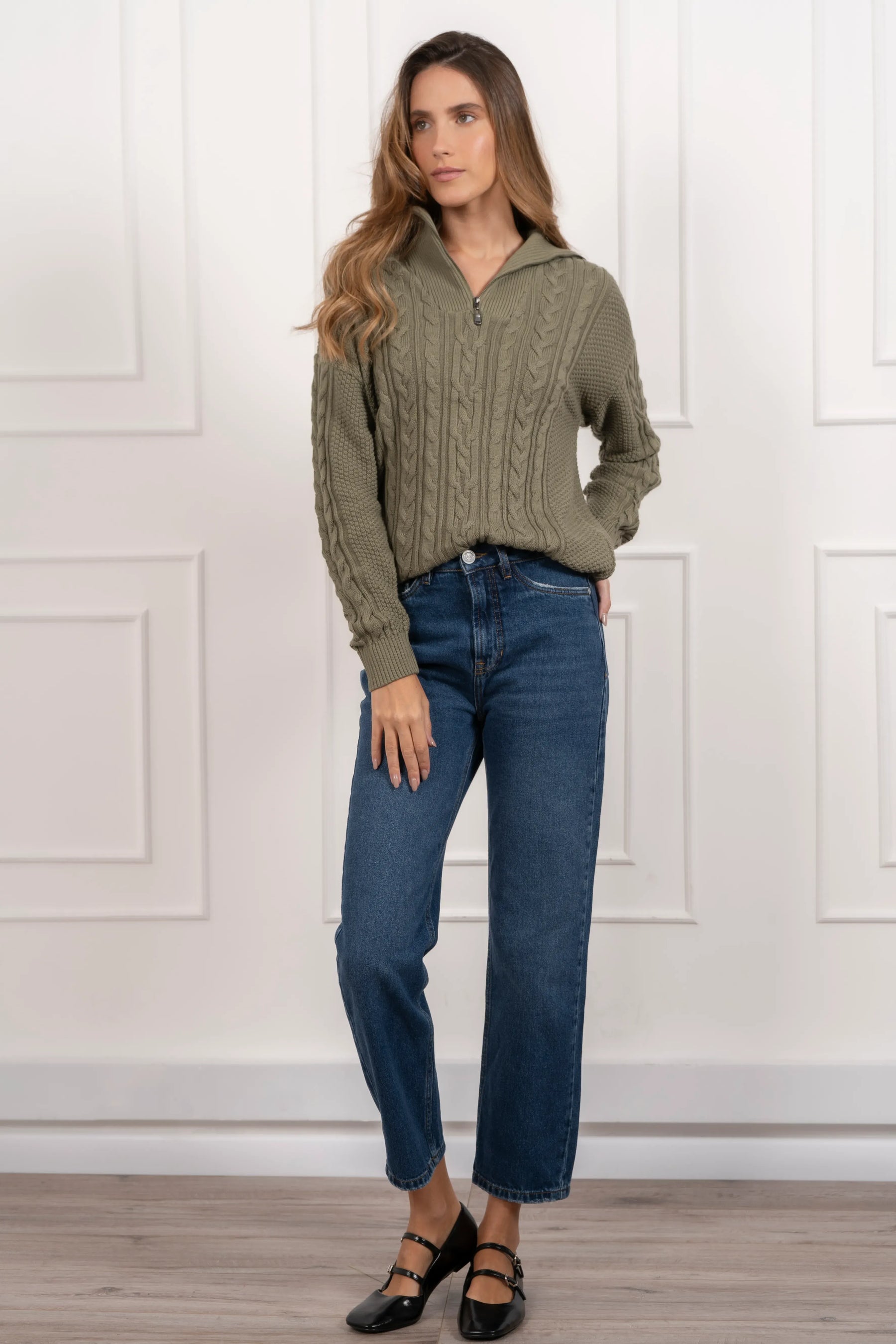 Suéter Halfzip Trenzado Algodón Mujer Verde