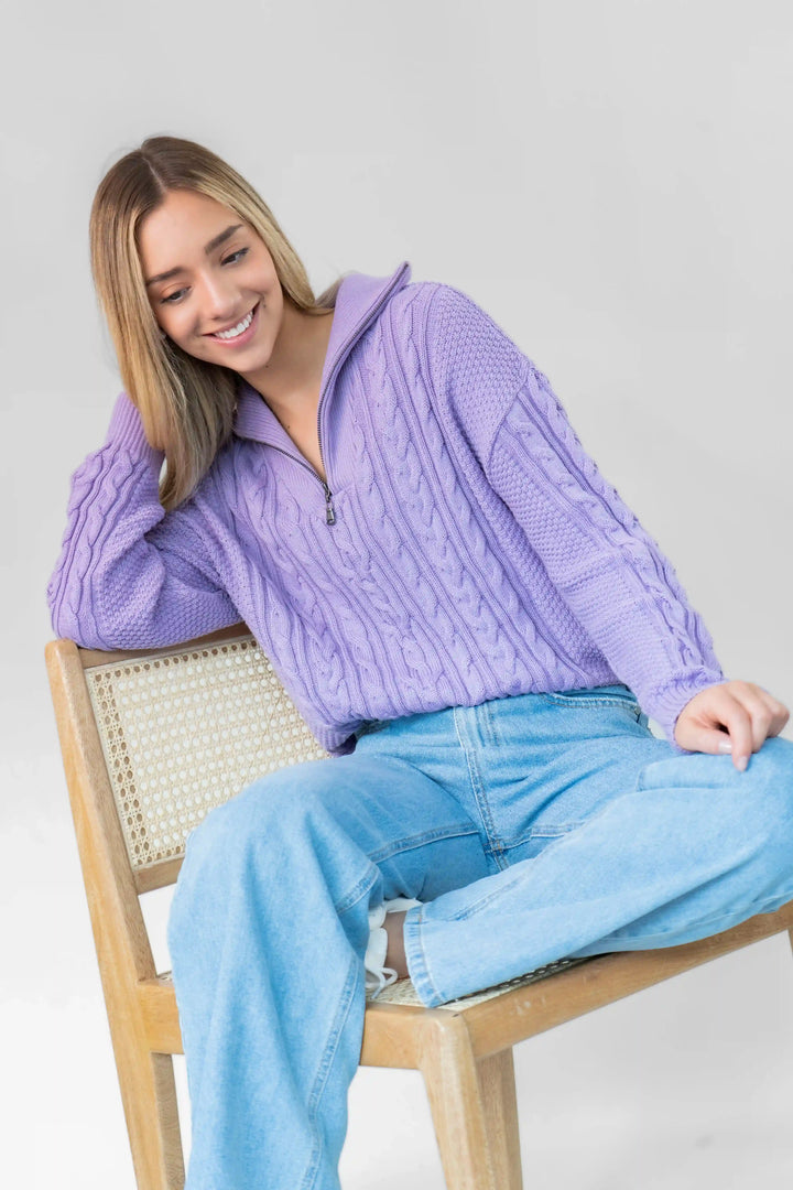 Suéter Halfzip Trenzado Algodón Mujer Lila
