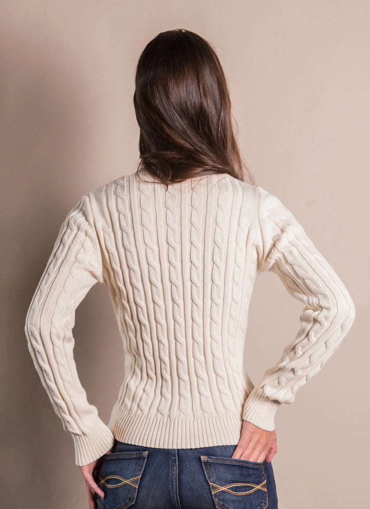 Suéter trenzado en V Mujer Hueso