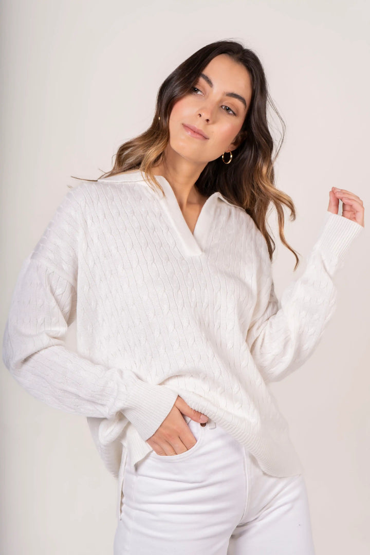 Suéter Trenzado en V Premium Mujer Hueso