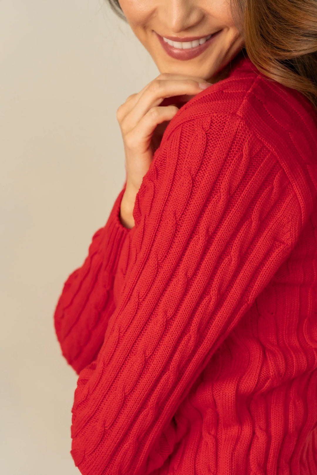 Suéter trenzado en V Mujer Rojo