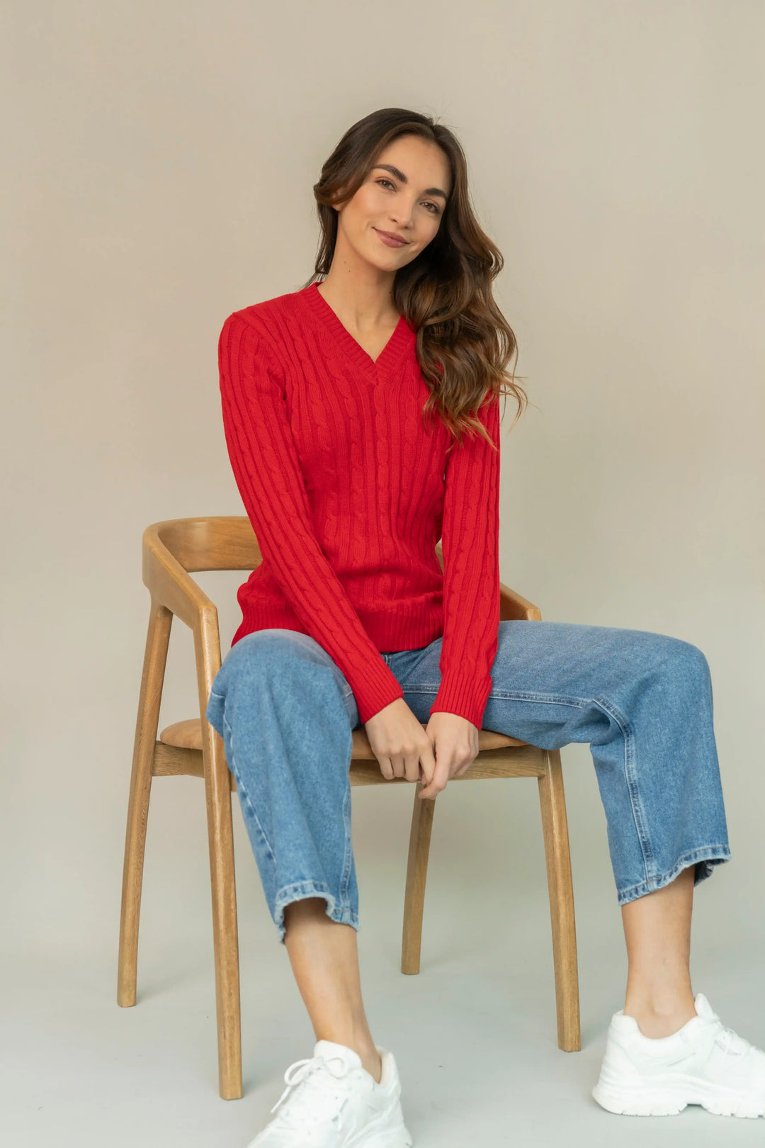 Suéter trenzado en V Mujer Rojo