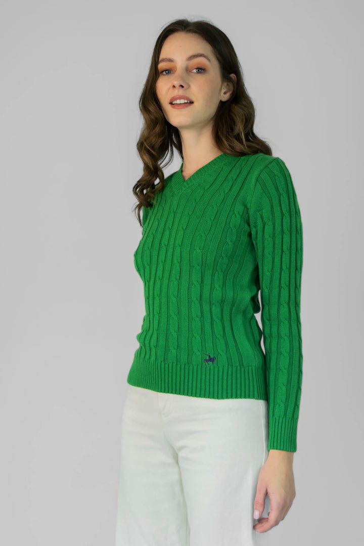 Suéter Trenzado en V Mujer Verde