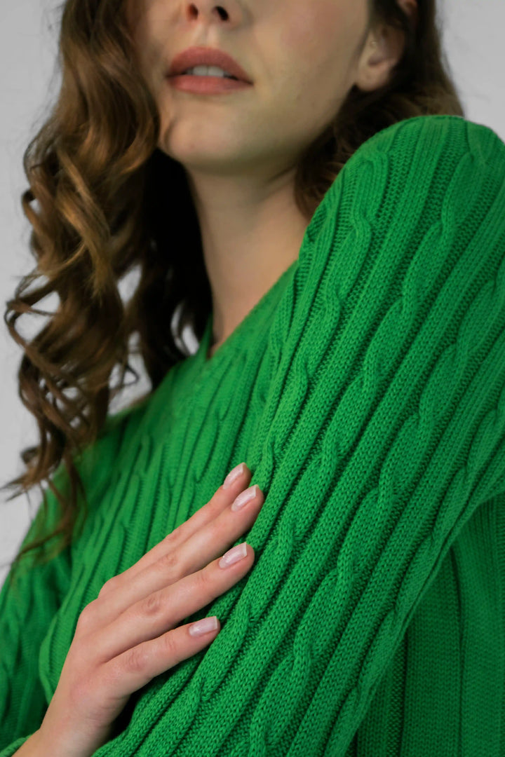 Suéter Trenzado en V Mujer Verde