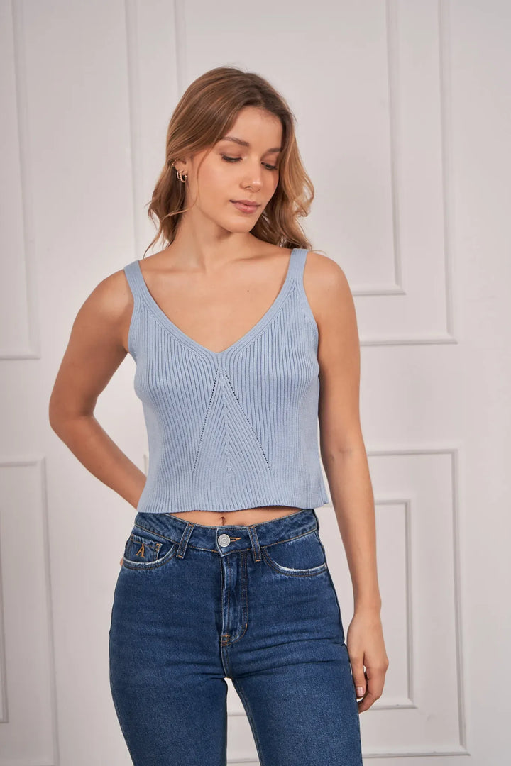 Top V neck Azul claro Mujer