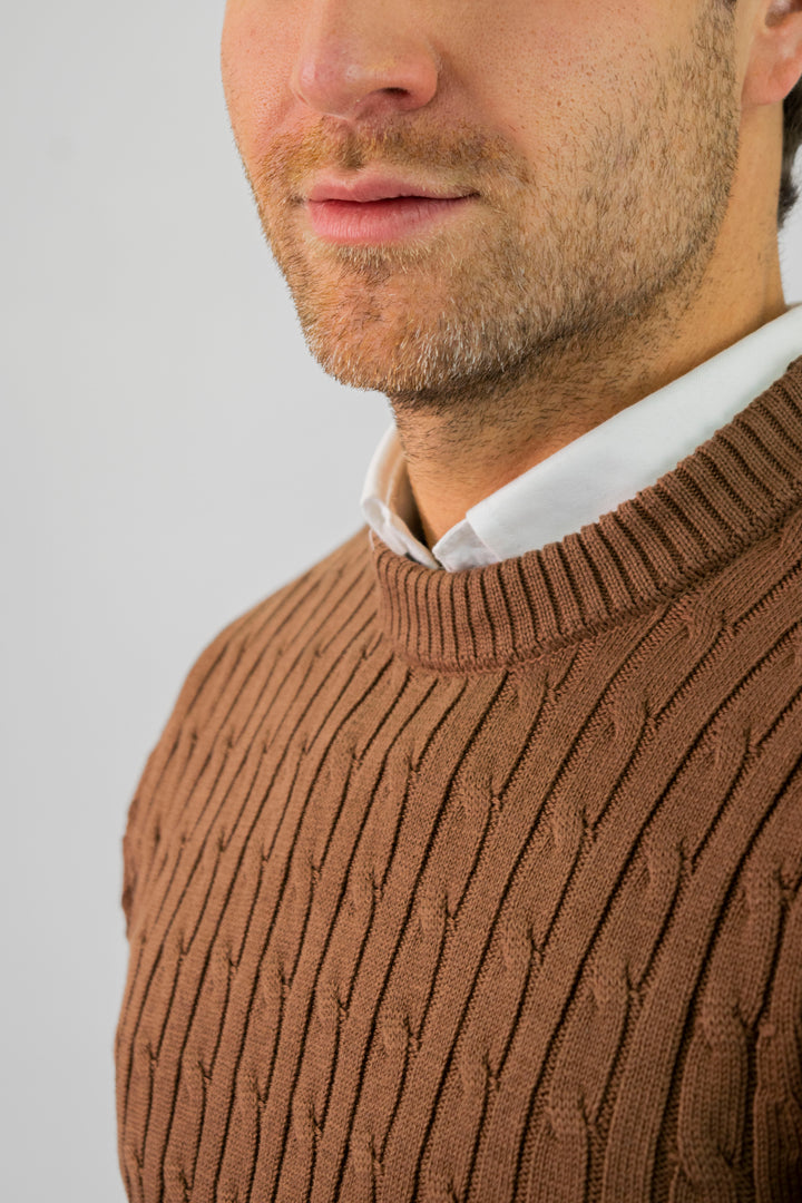 Suéter trenzado cuello redondo Hombre Marrón